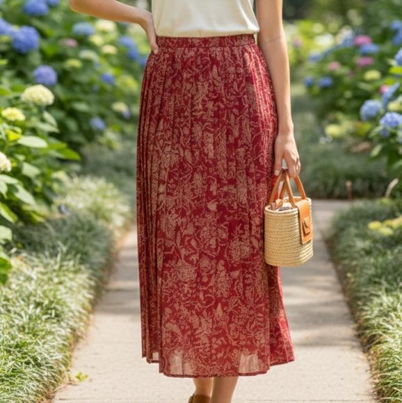 Elegant Red and Gold Floral Pleated Skirt From Leslie Fay Women's Size 10 - Picture 1 of 12